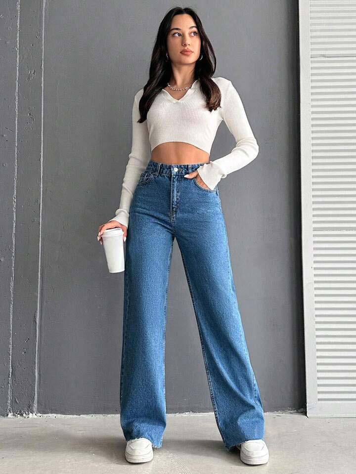 Stone Blue Raw Hem High Waist Wide Leg Jeans