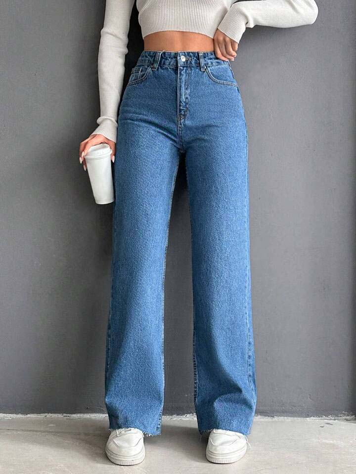 Stone Blue Raw Hem High Waist Wide Leg Jeans