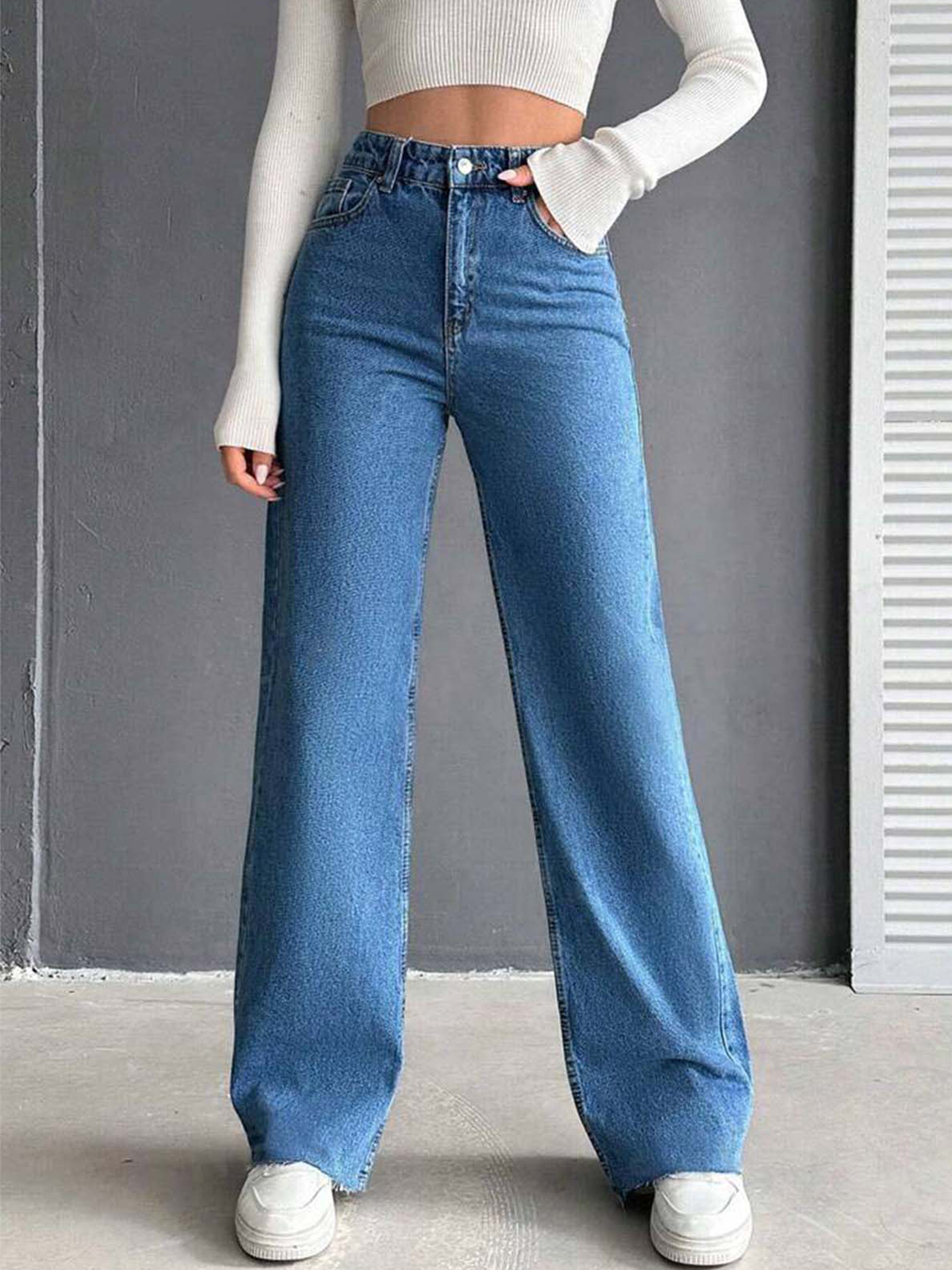 Stone Blue Raw Hem High Waist Wide Leg Jeans