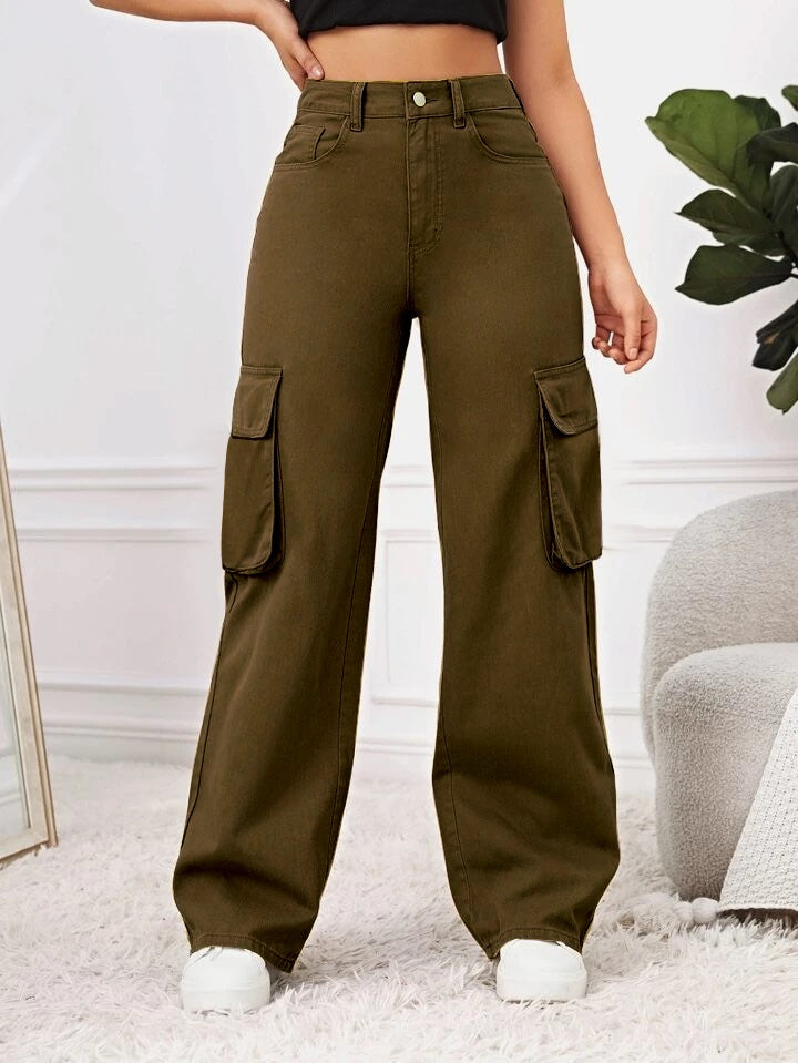 Olive Green High Waist Baggy Fit Twill Cargo Trouser