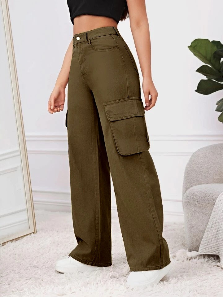 Olive Green High Waist Baggy Fit Twill Cargo Trouser