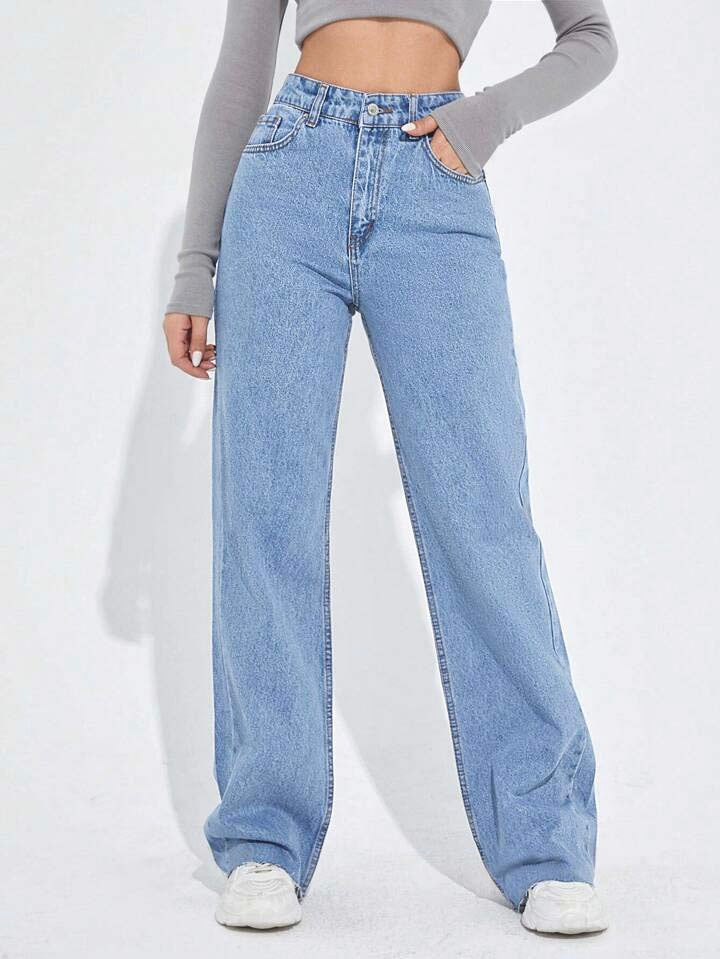 Ice Blue Raw Hem High Waist Wide Leg Jeans