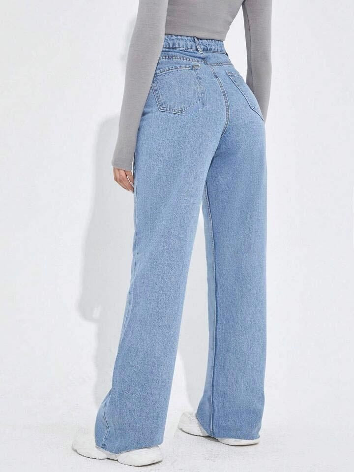 Ice Blue Raw Hem High Waist Wide Leg Jeans