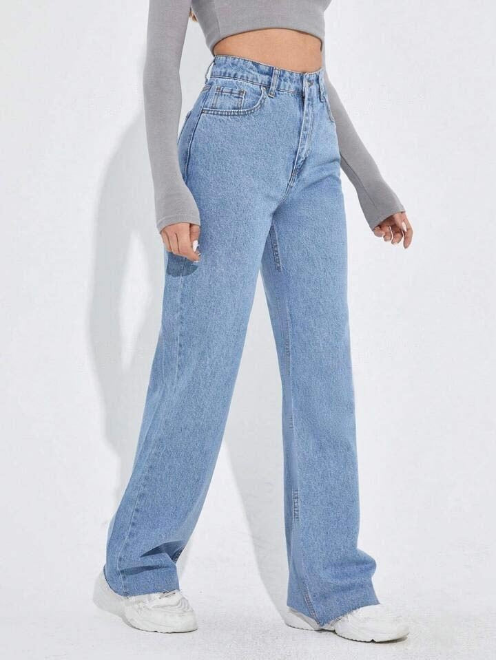 Ice Blue Raw Hem High Waist Wide Leg Jeans