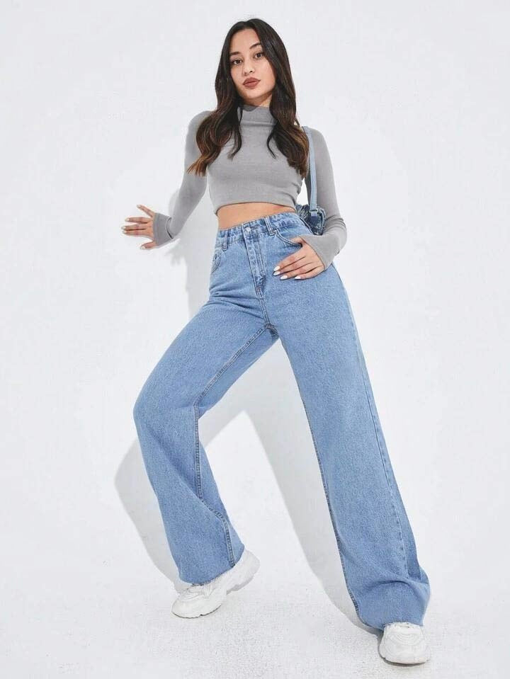 Ice Blue Raw Hem High Waist Wide Leg Jeans