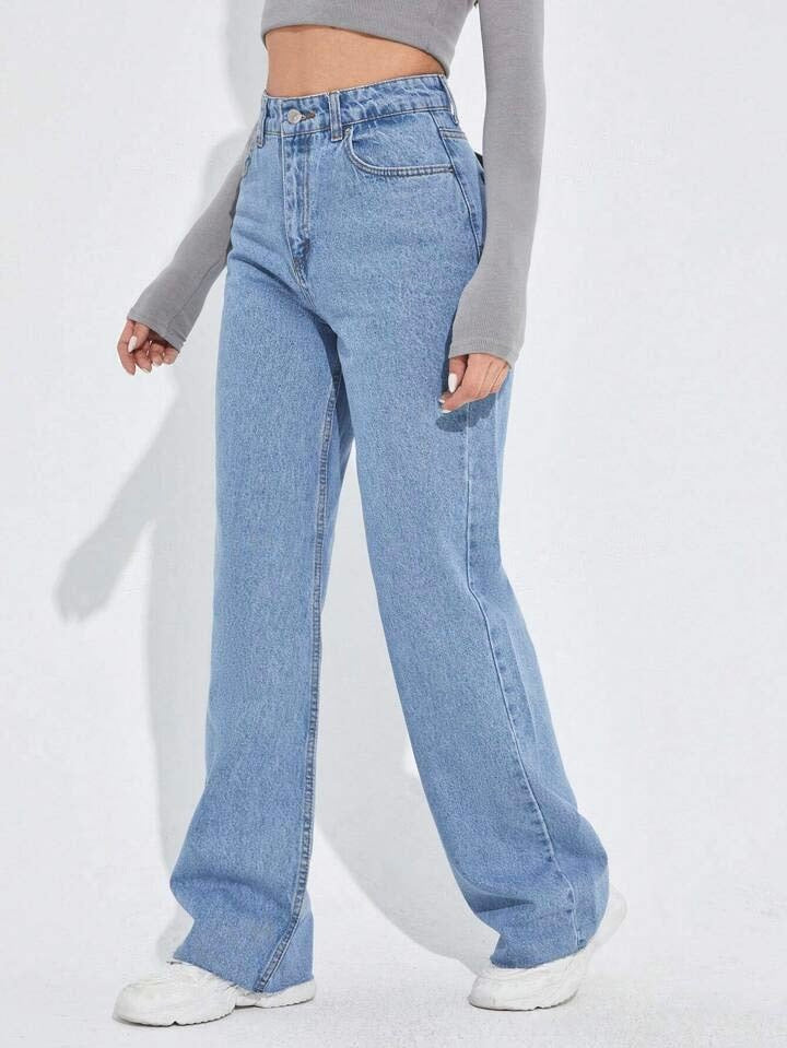 Ice Blue Raw Hem High Waist Wide Leg Jeans