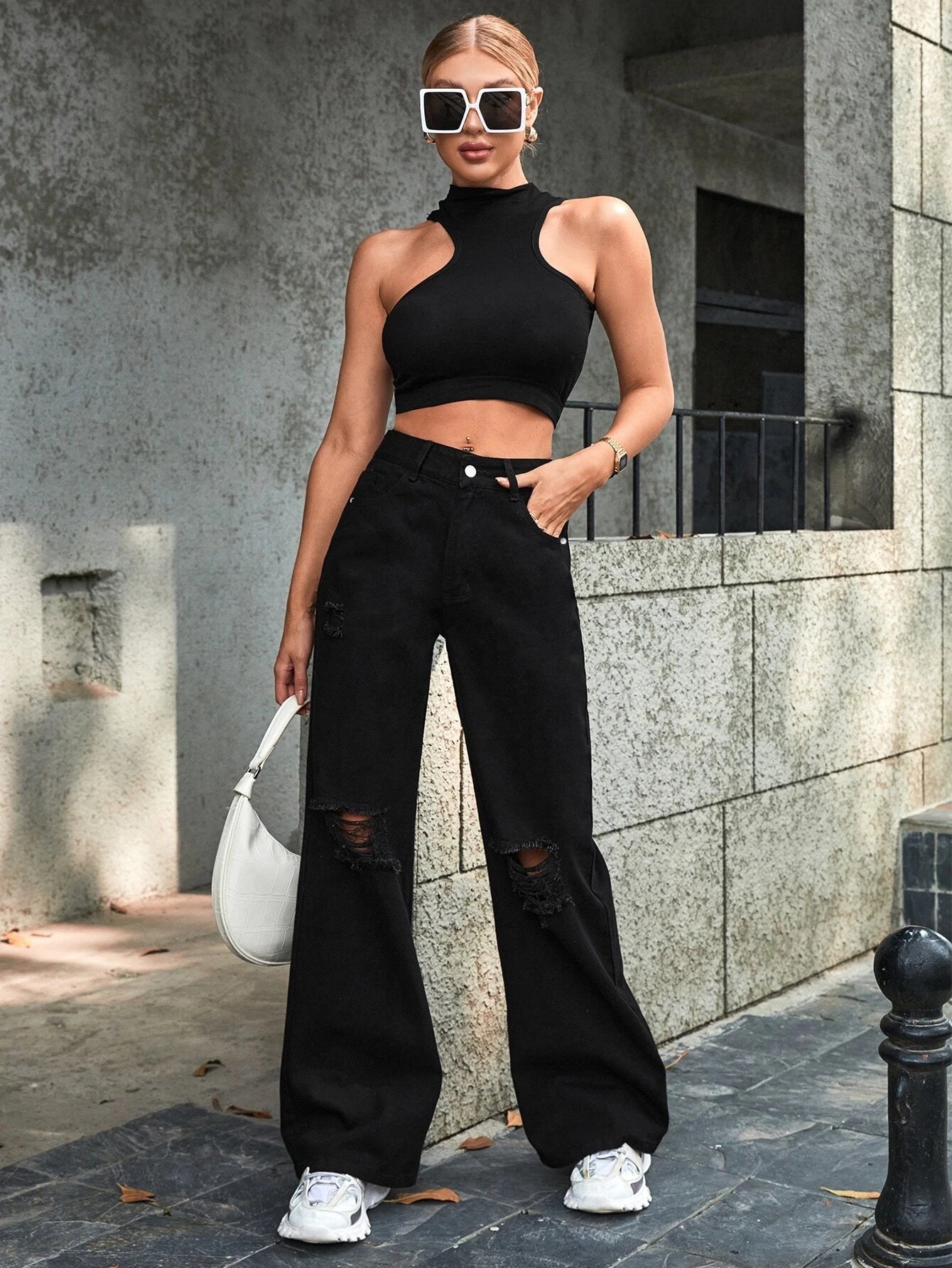 Black Ripped High Waist Wide Leg Jeans