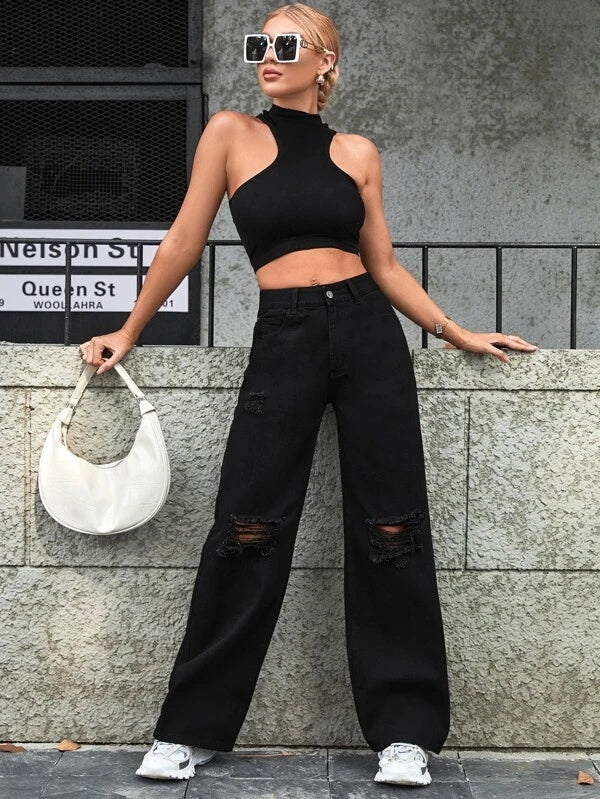 Black Ripped High Waist Wide Leg Jeans