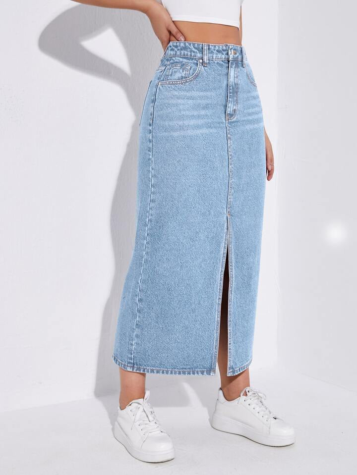 Light Blue Whisker Long Denim Skirt