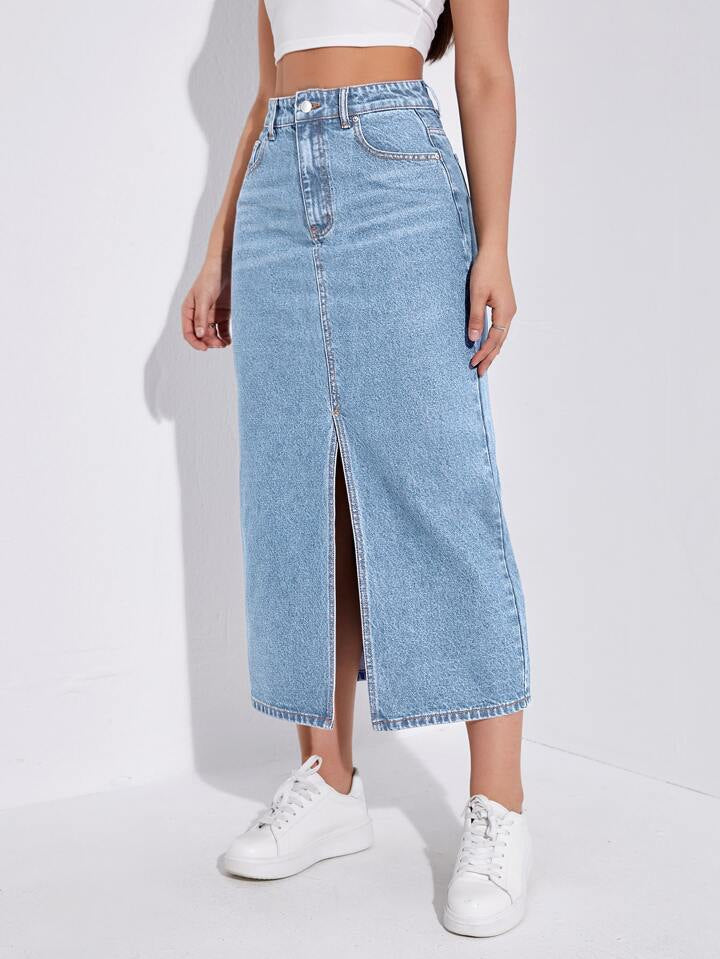 Light Blue Whisker Long Denim Skirt