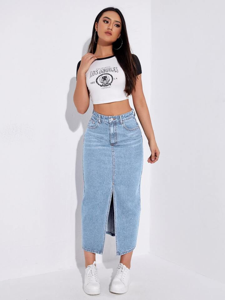 Light Blue Whisker Long Denim Skirt