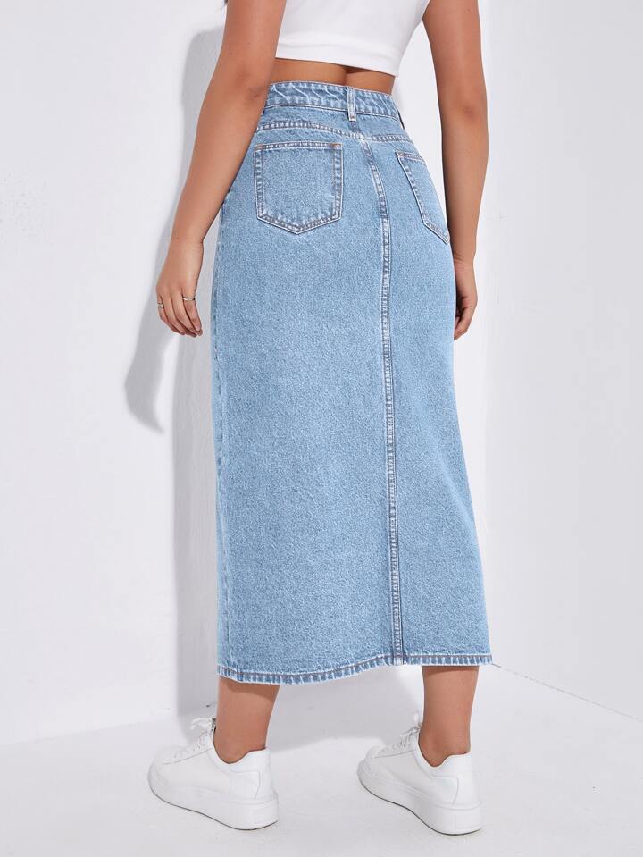 Light Blue Whisker Long Denim Skirt