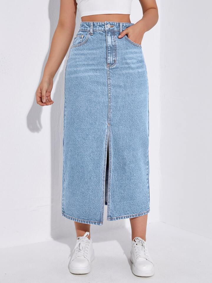 Light Blue Whisker Long Denim Skirt