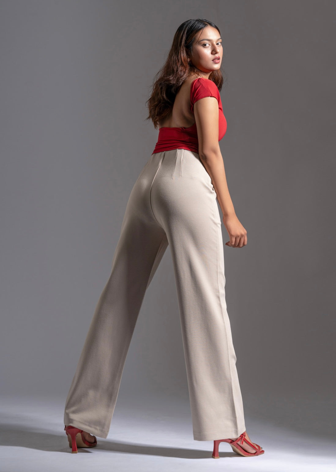 Beige Sleek Pleated Detail Korean Pants