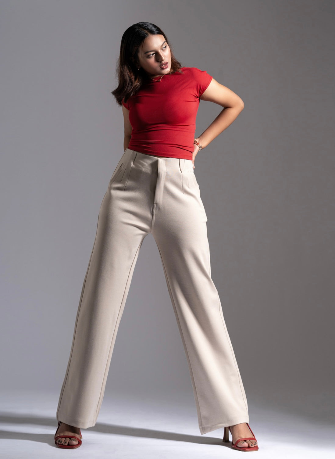 Beige Sleek Pleated Detail Korean Pants