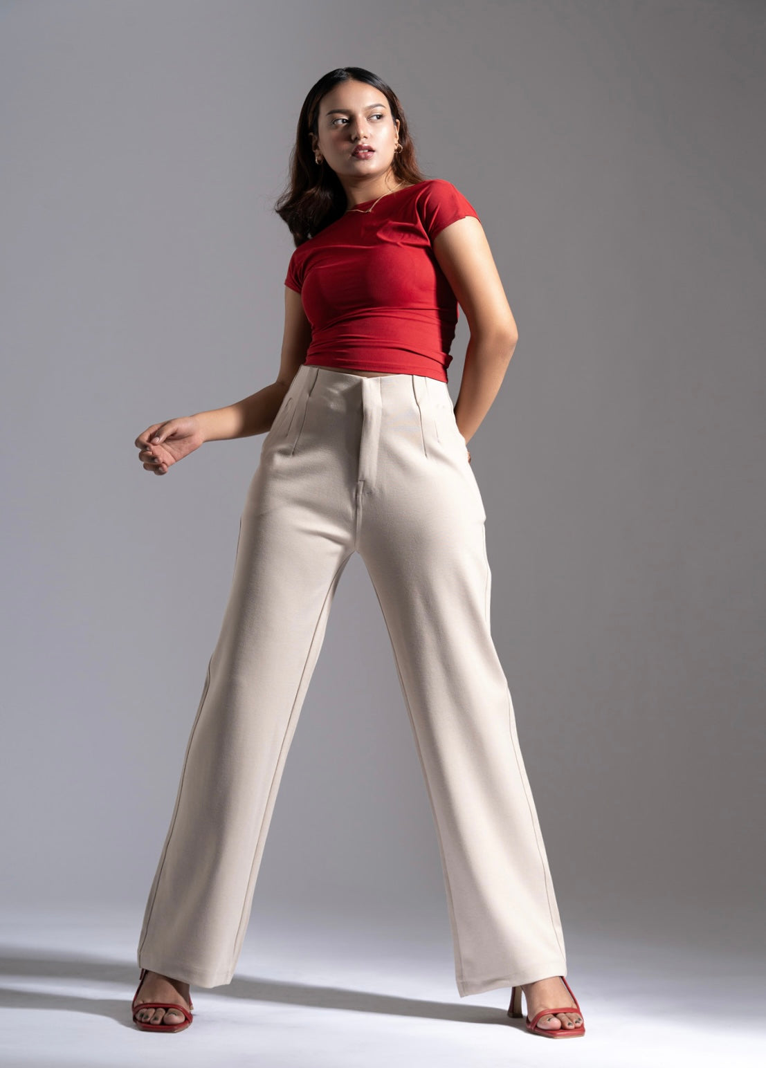 Beige Sleek Pleated Detail Korean Pants