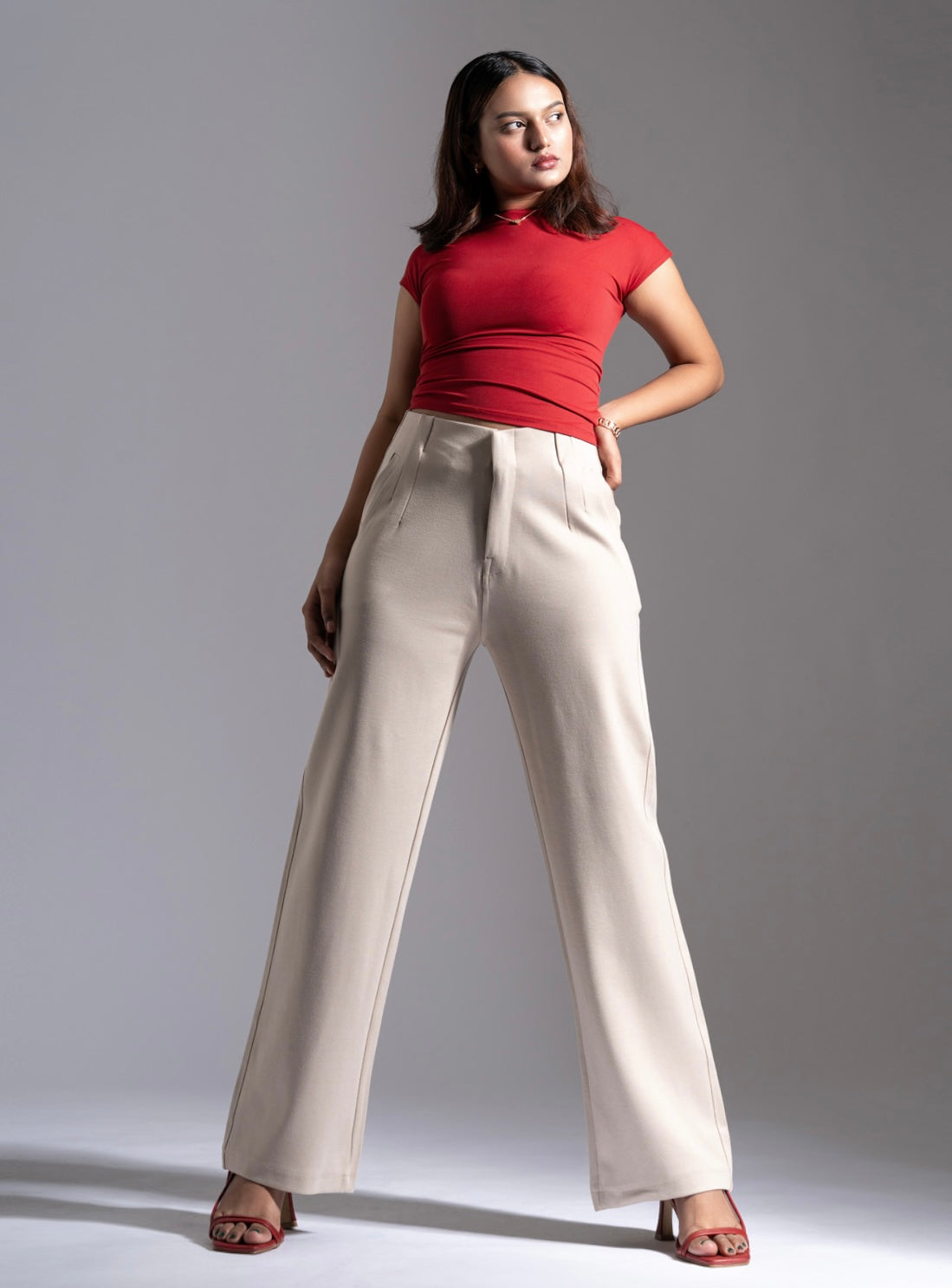 Beige Sleek Pleated Detail Korean Pants