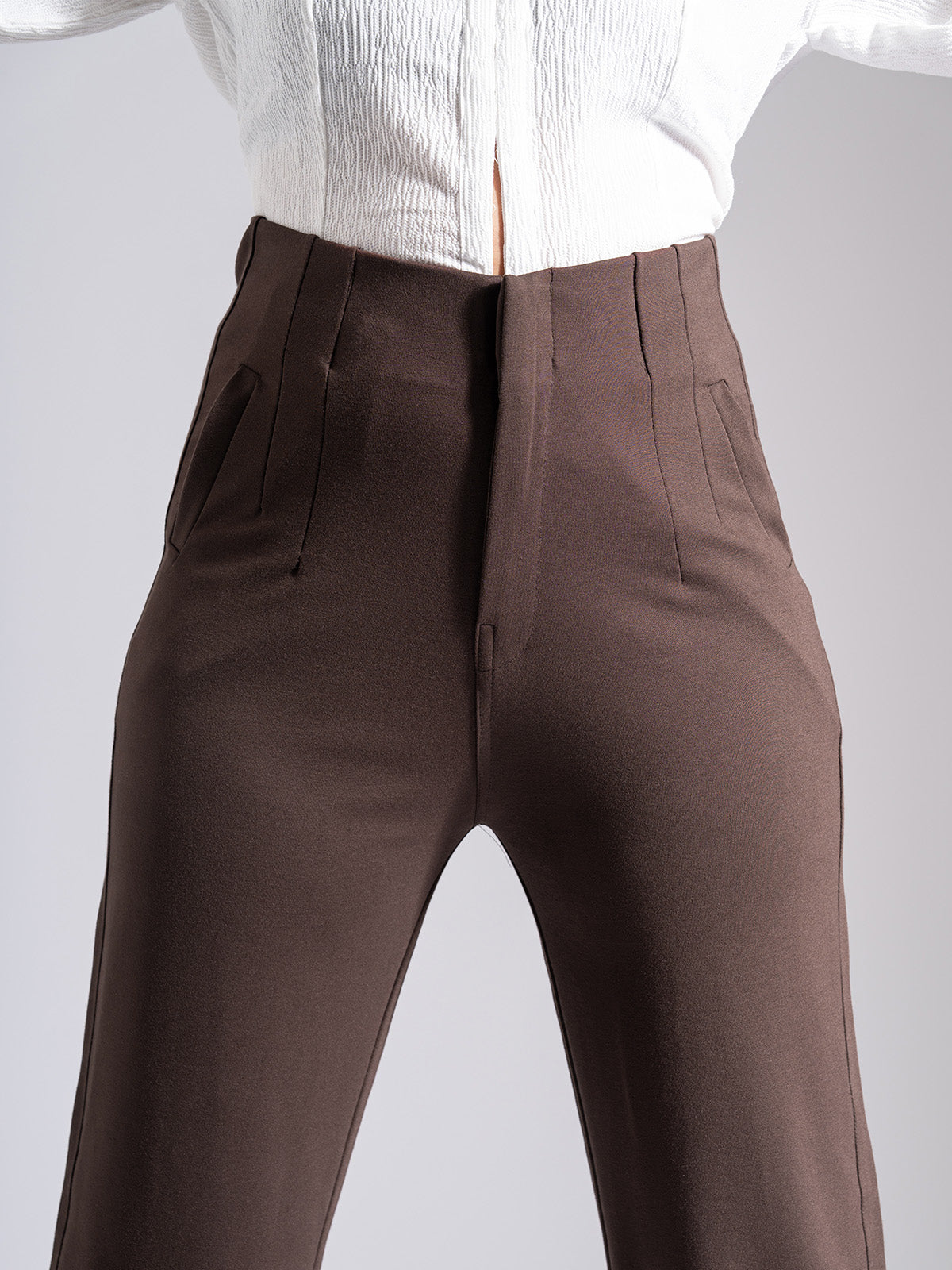 Brown Sleek Pleated Detail Korean Pants