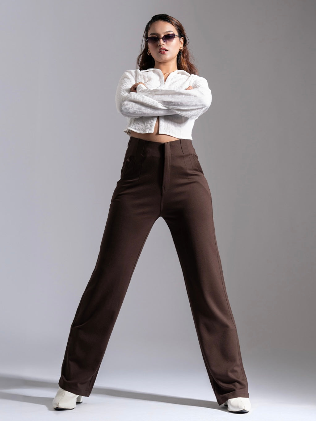 Brown Sleek Pleated Detail Korean Pants