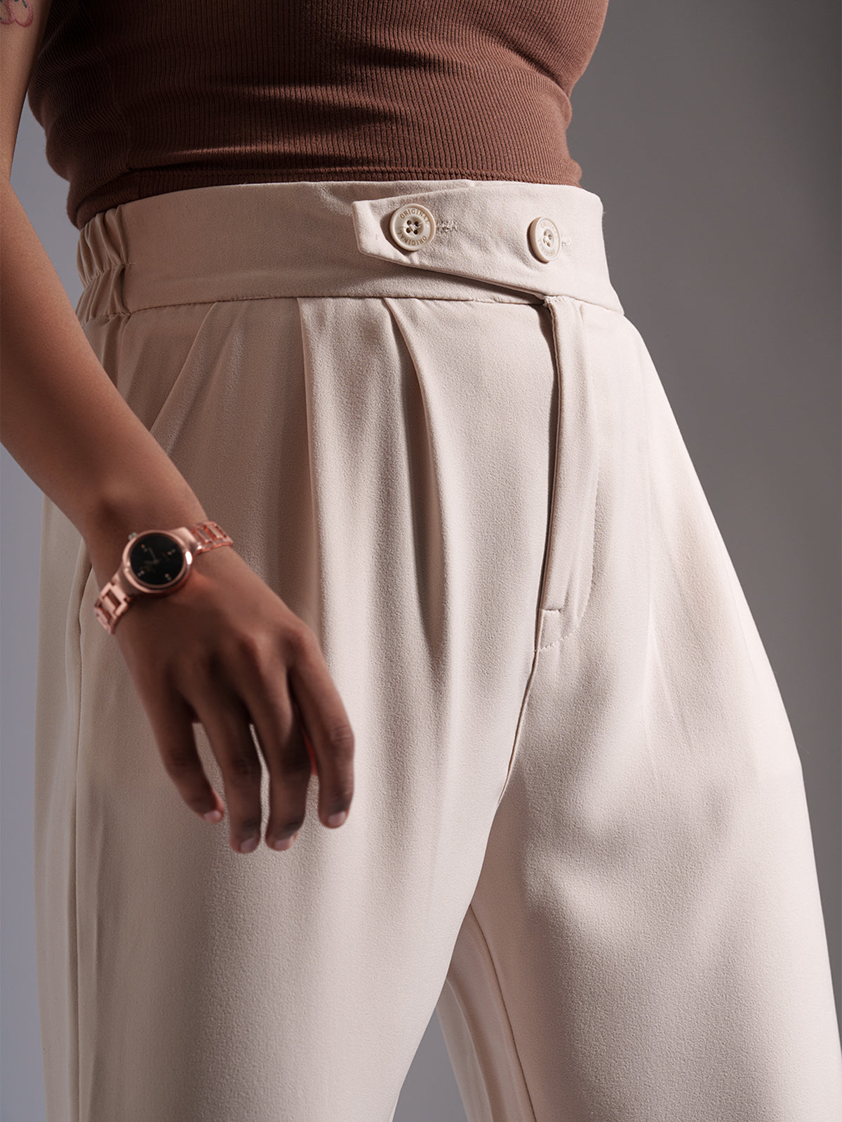 Beige Tailored Pleat Korean Pants