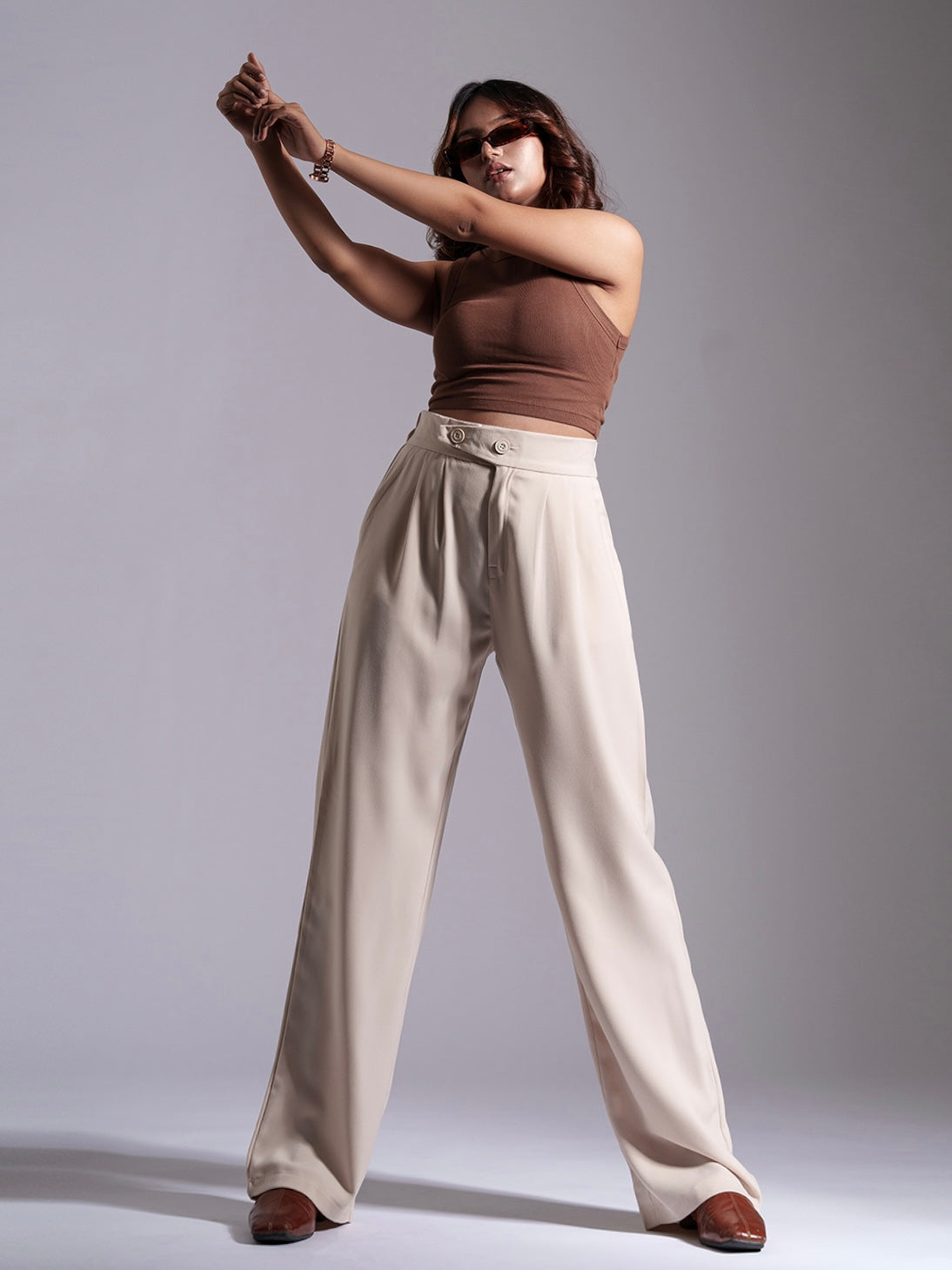 Beige Tailored Pleat Korean Pants