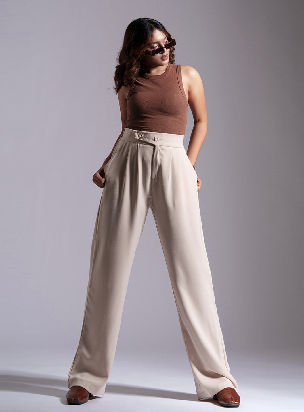 Beige Tailored Pleat Korean Pants