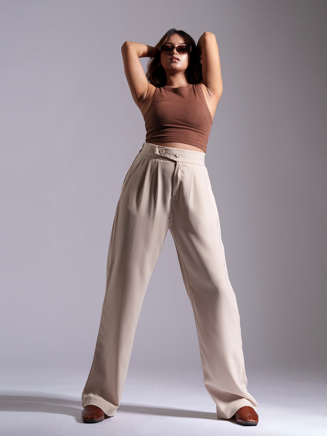 Beige Tailored Pleat Korean Pants