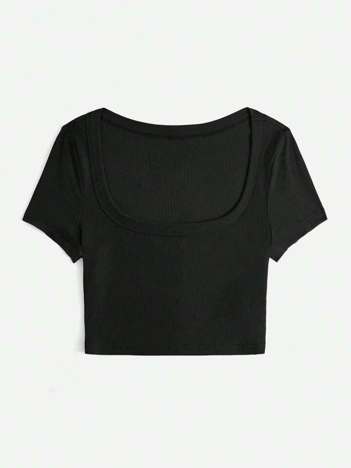 Black Square Neck Half Sleeve Top