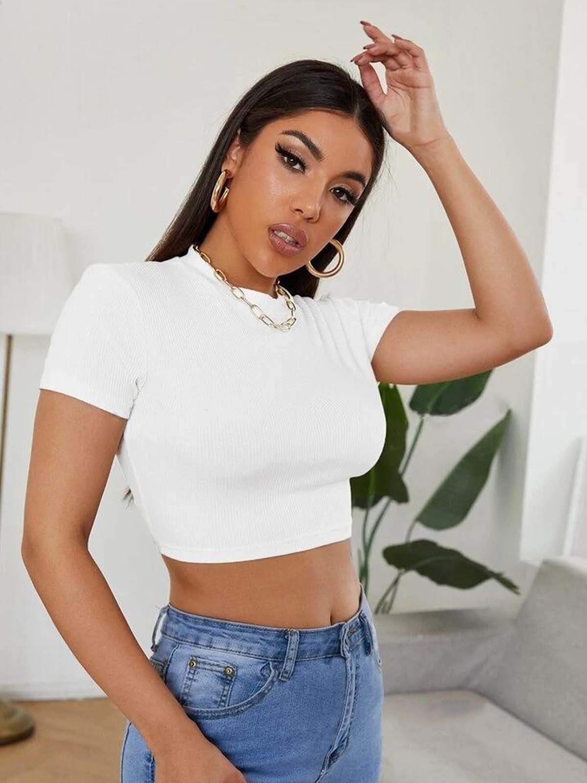 White Round Neck Half Sleeve Basic Top