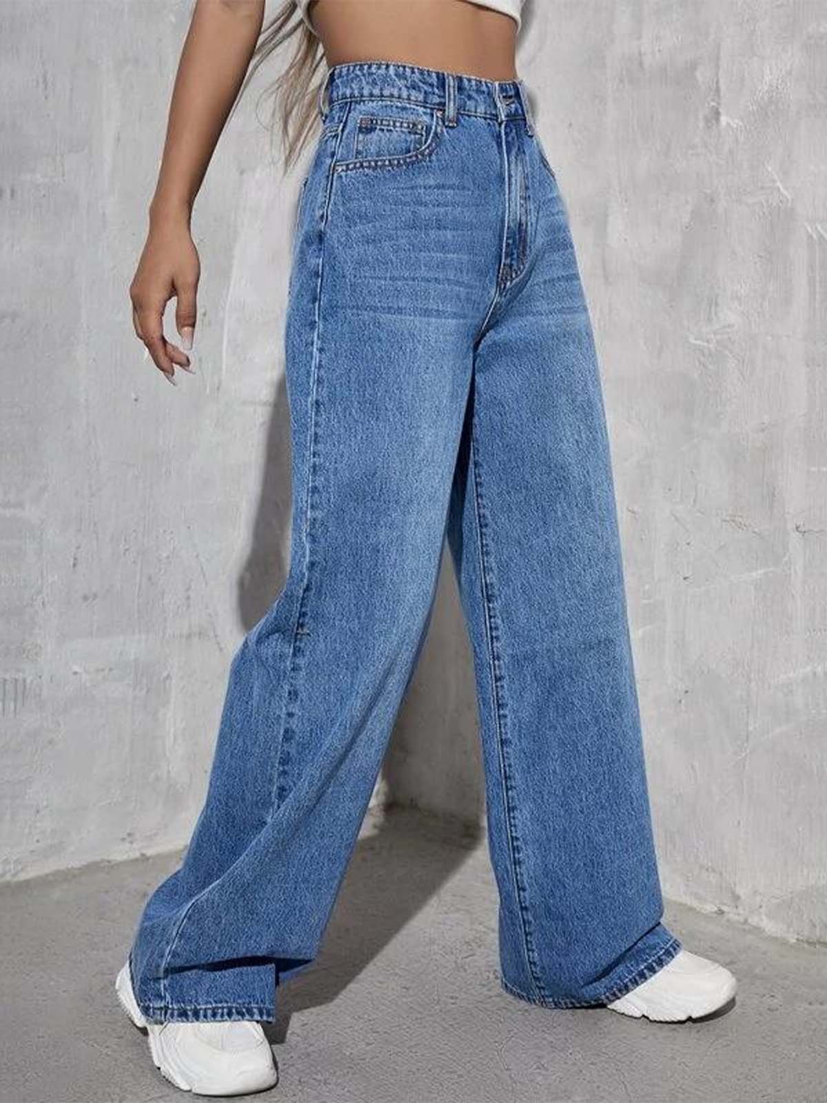 Stone Blue Whisker High Waist Wide Leg Jeans