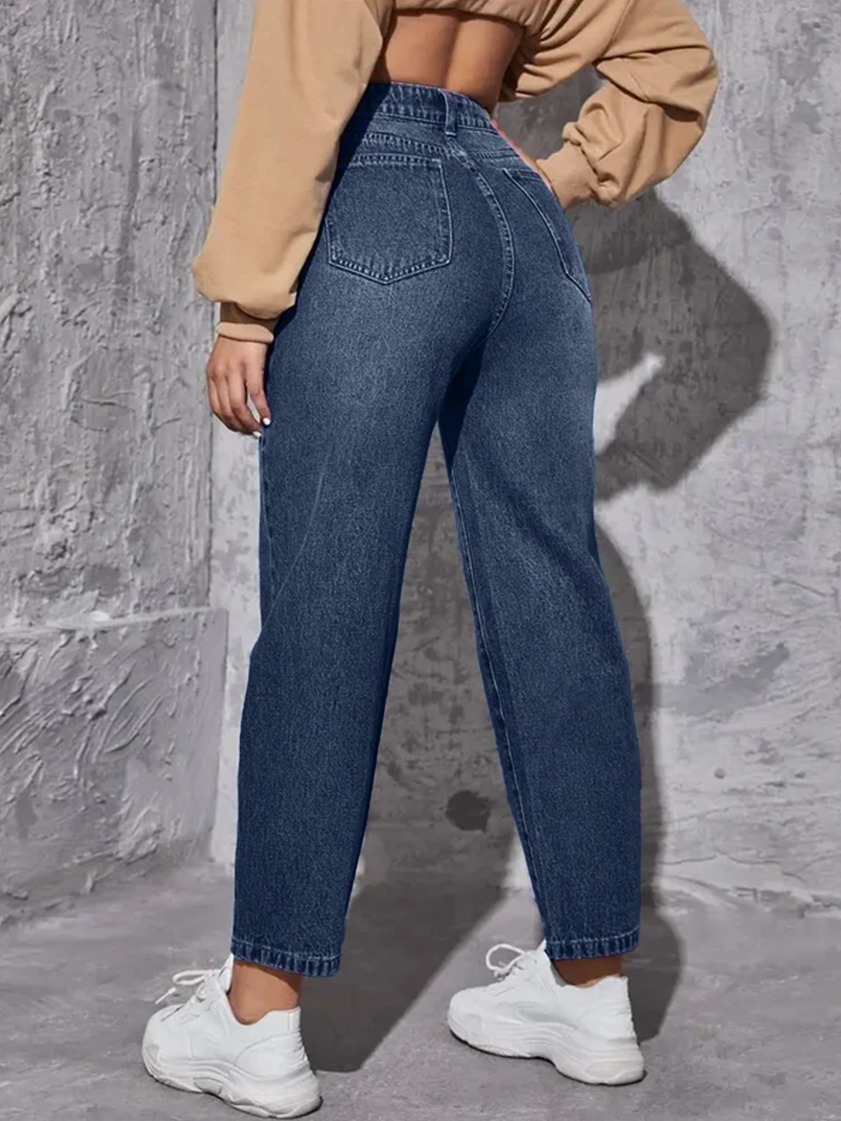 Dark Blue Whisker High Waist Mom Fit Jeans