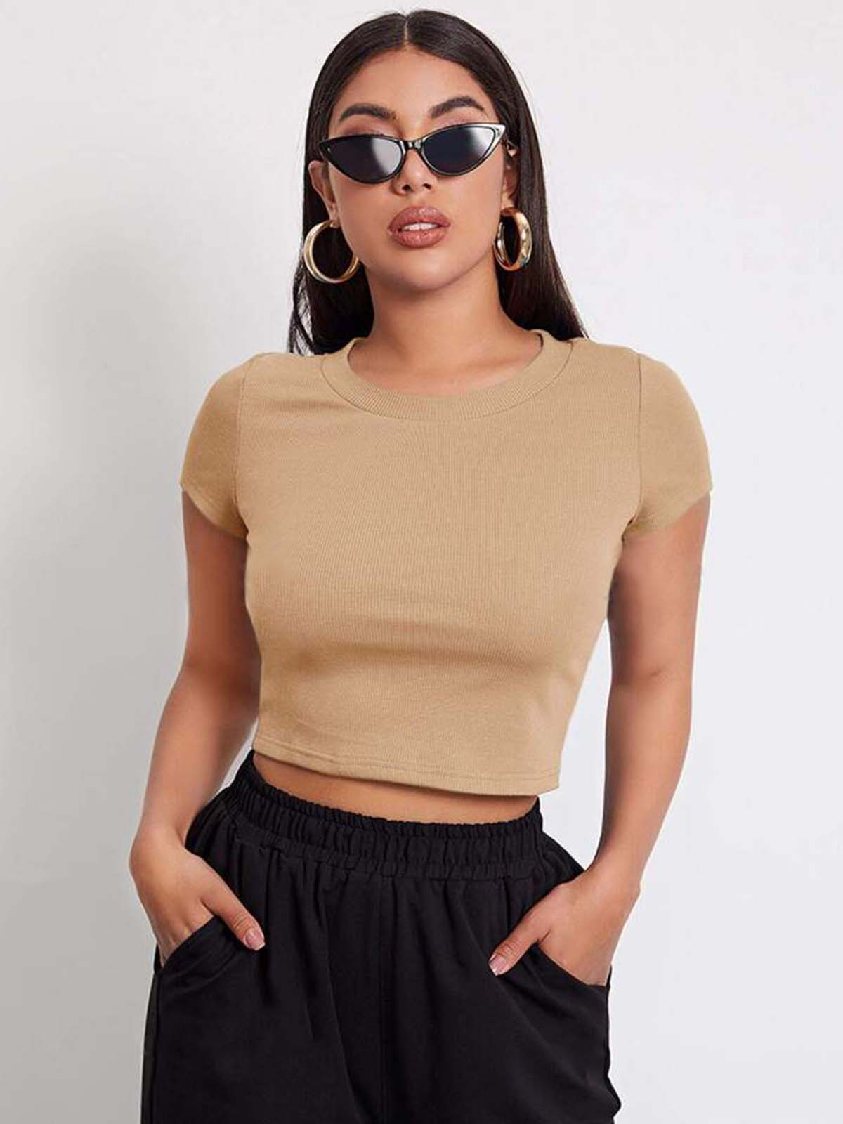 Beige Round Neck Half Sleeve Basic Top