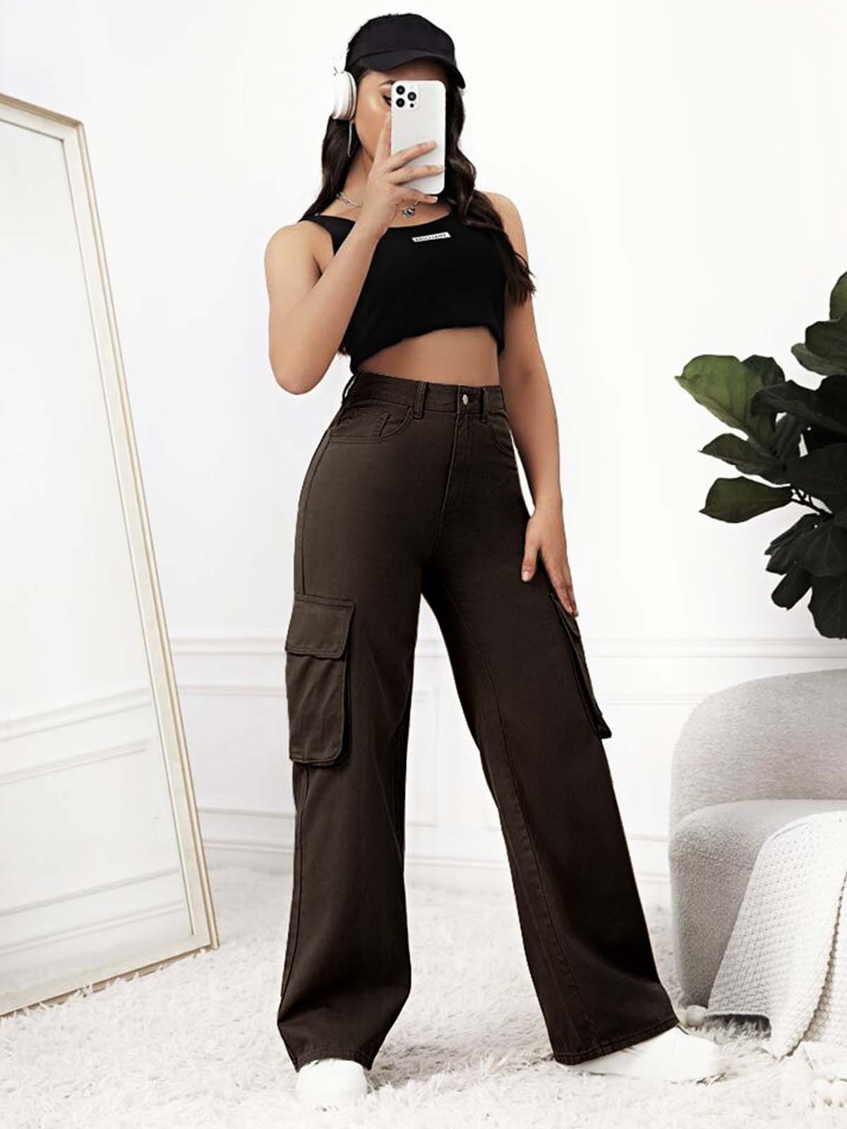 Dark Chocolate High Waist Baggy Fit Twill Cargo Trouser