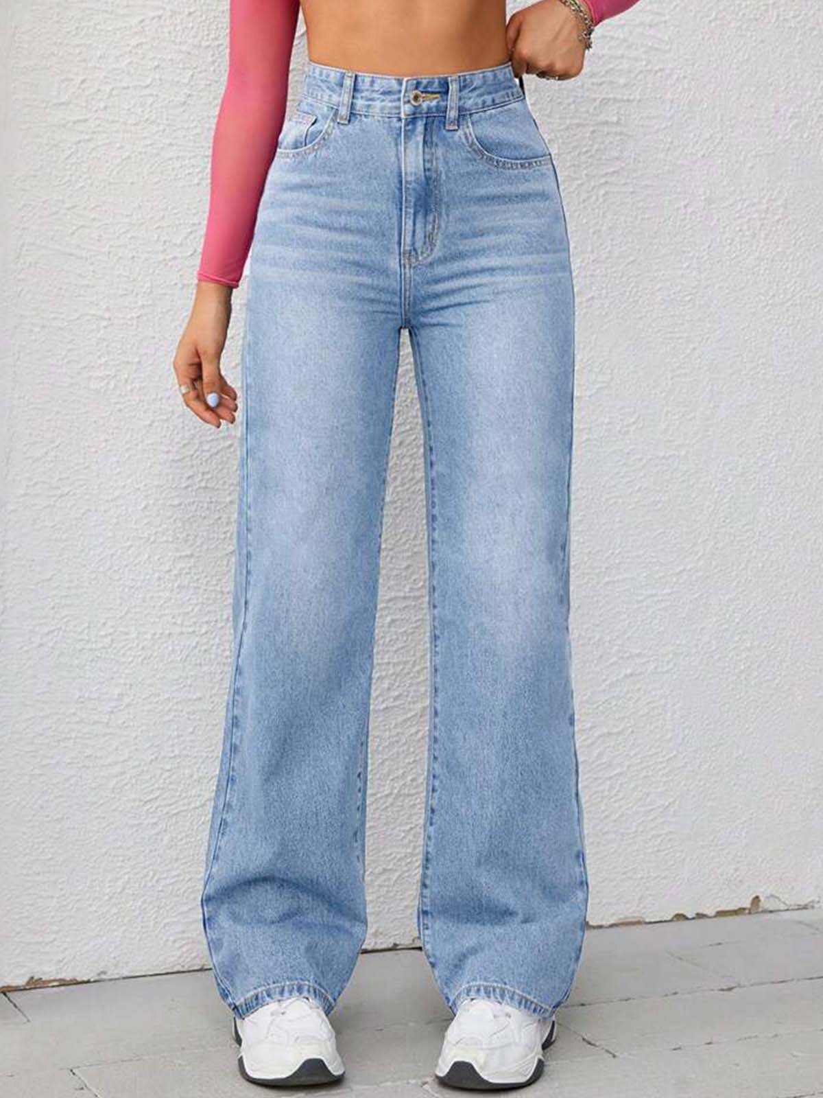 Ice Blue Whisker High Waist straight Fit Jeans