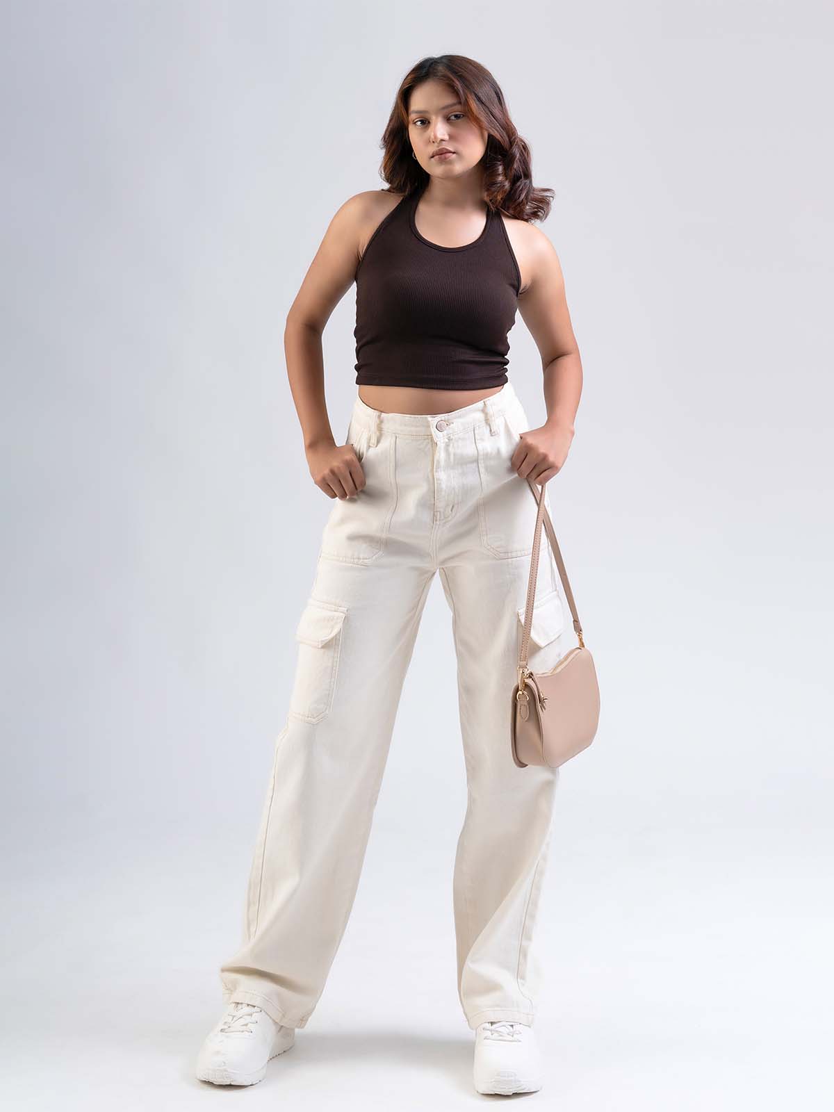 Cream High Waist Wide Leg Denim Cargo