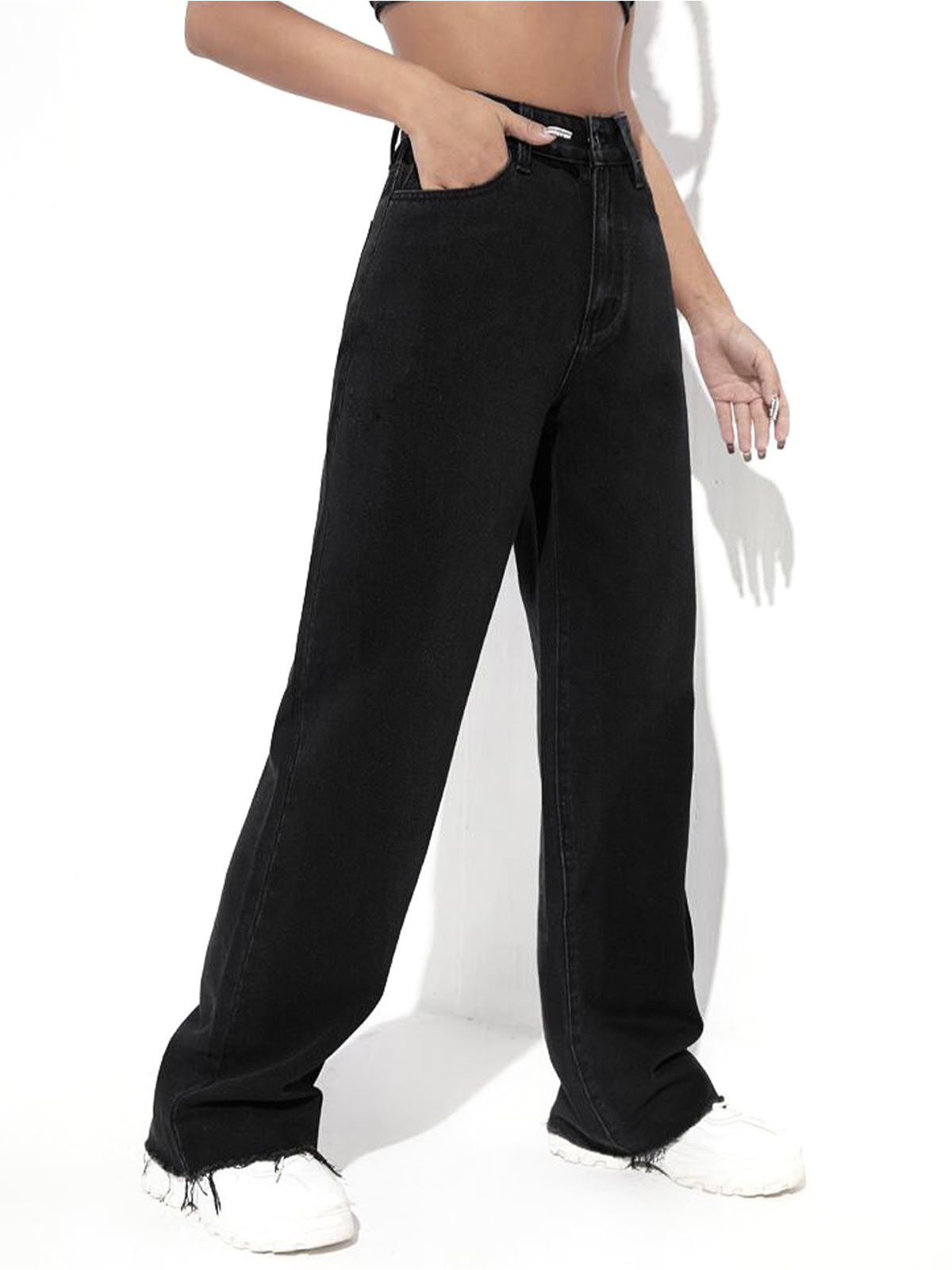 Black Raw Hem High Waist Wide Leg Jeans