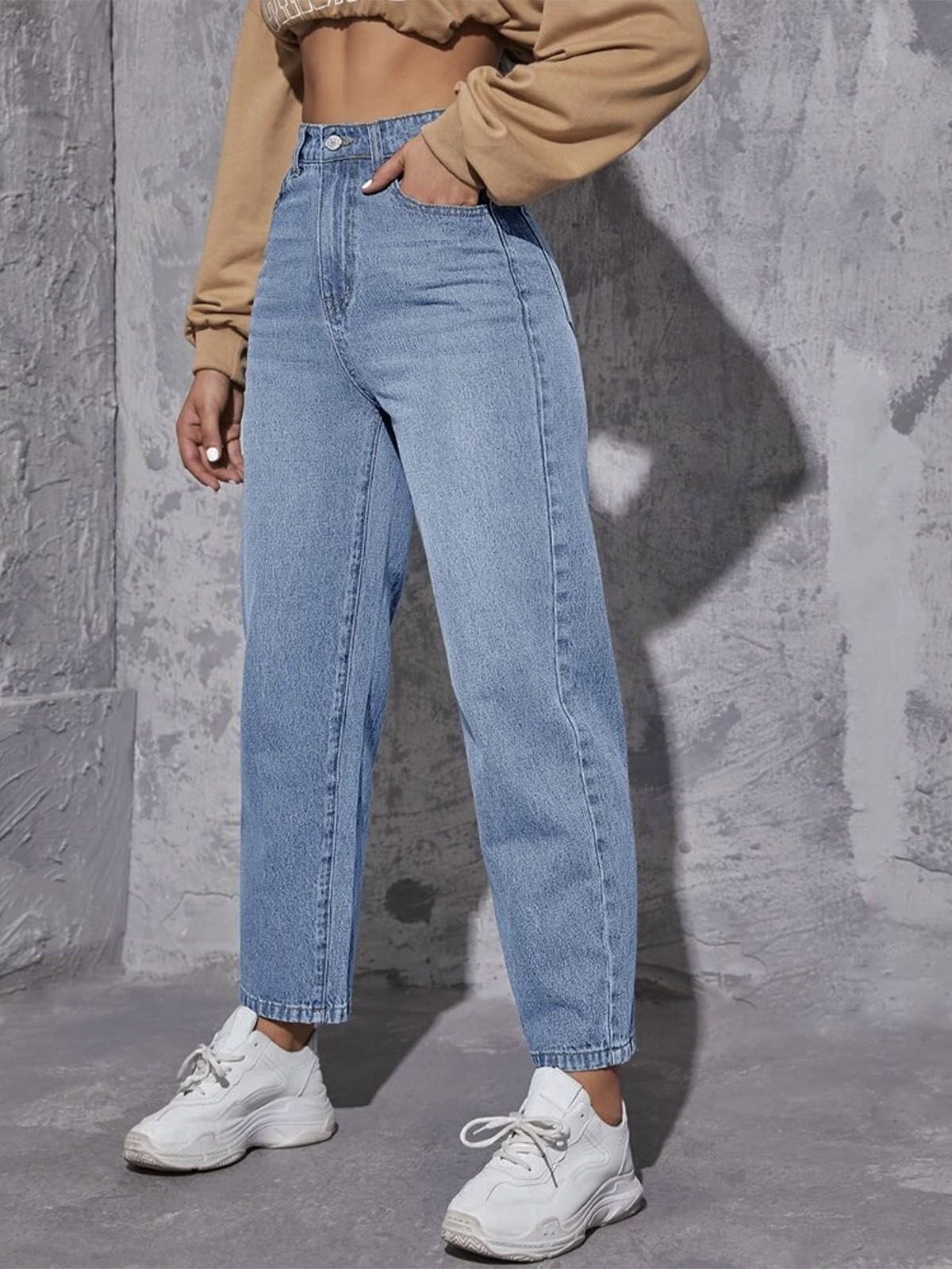 Ice Blue Whisker High Waist Mom Fit Jeans