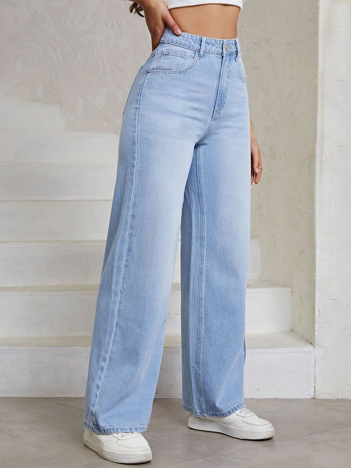 Ice Blue Whisker High Waist Wide Leg Jeans