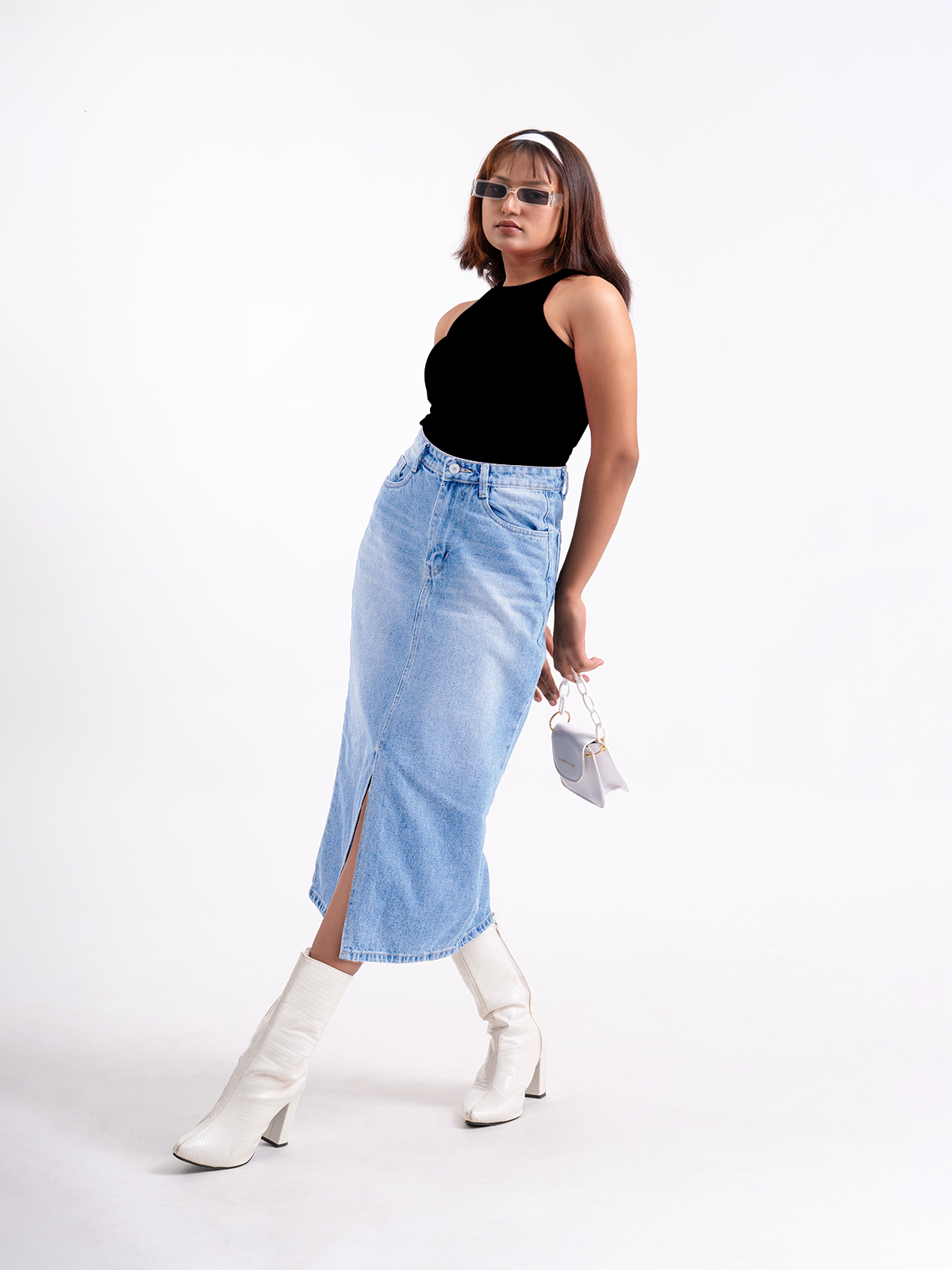 Premium Light  Blue Whisker Midi Skirt