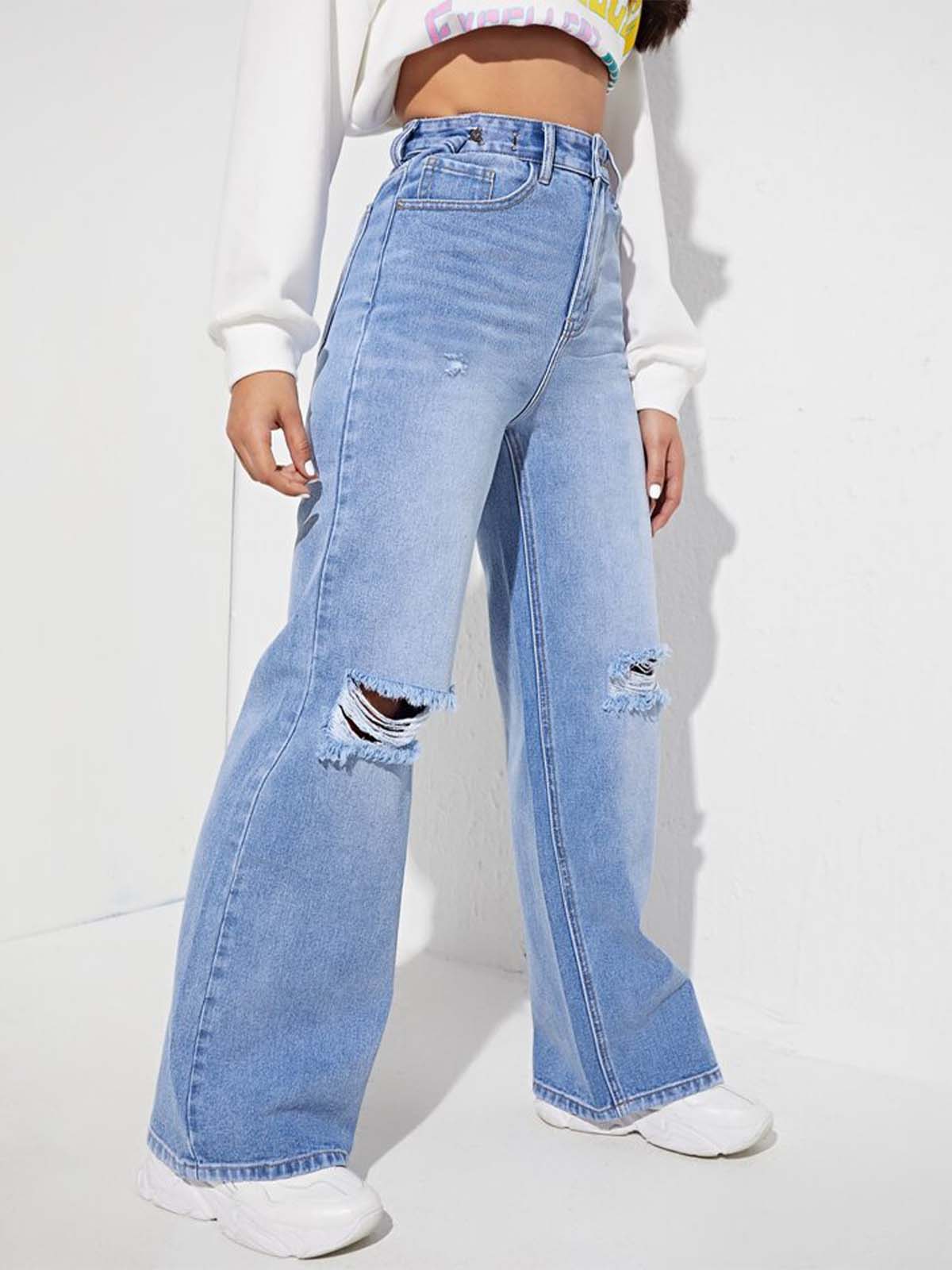 Ice Blue Whisker Ripped High Waist Wide Leg Jeans