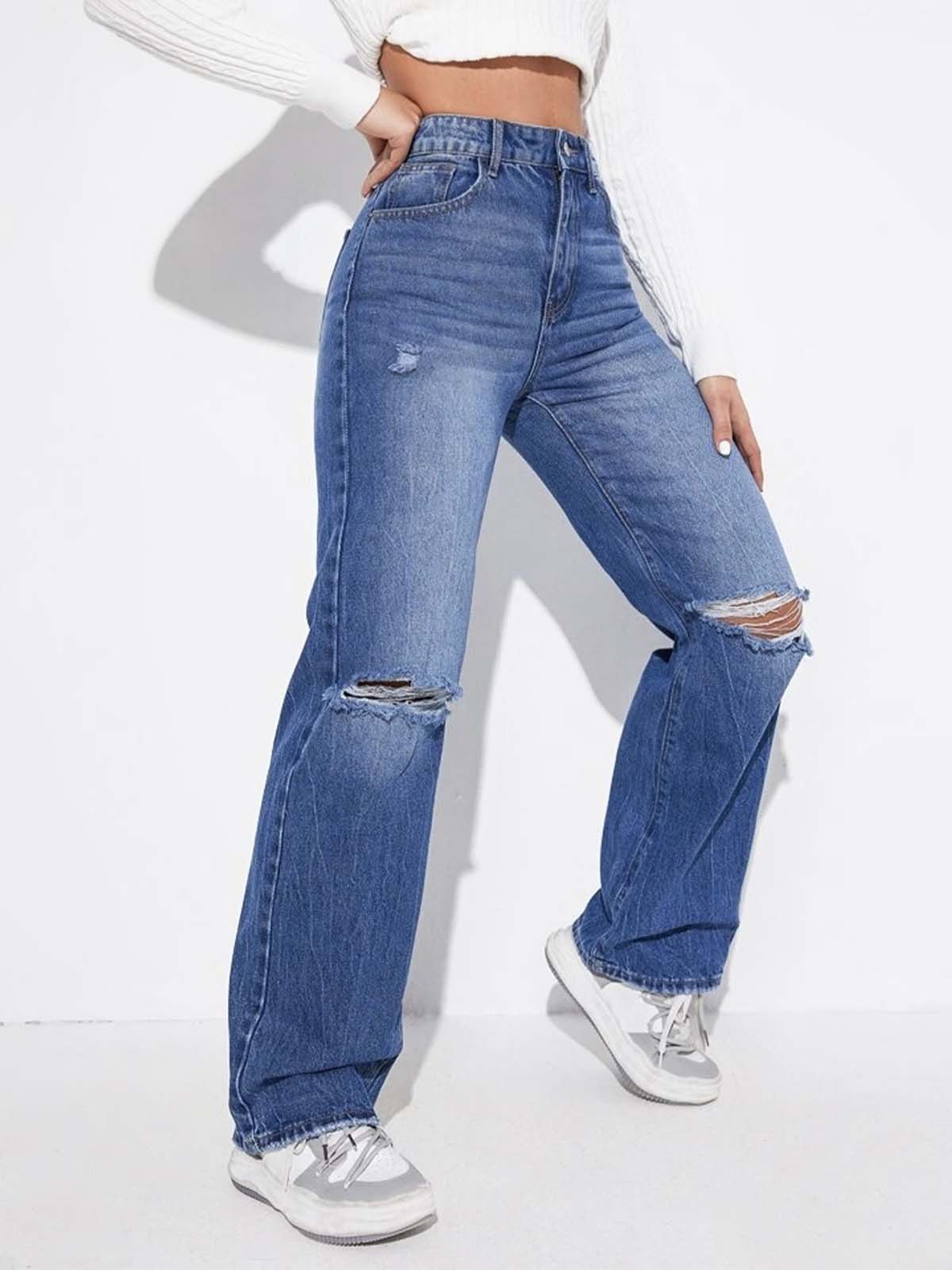 Stone Blue Whisker Ripped High Waist Wide Leg Jeans