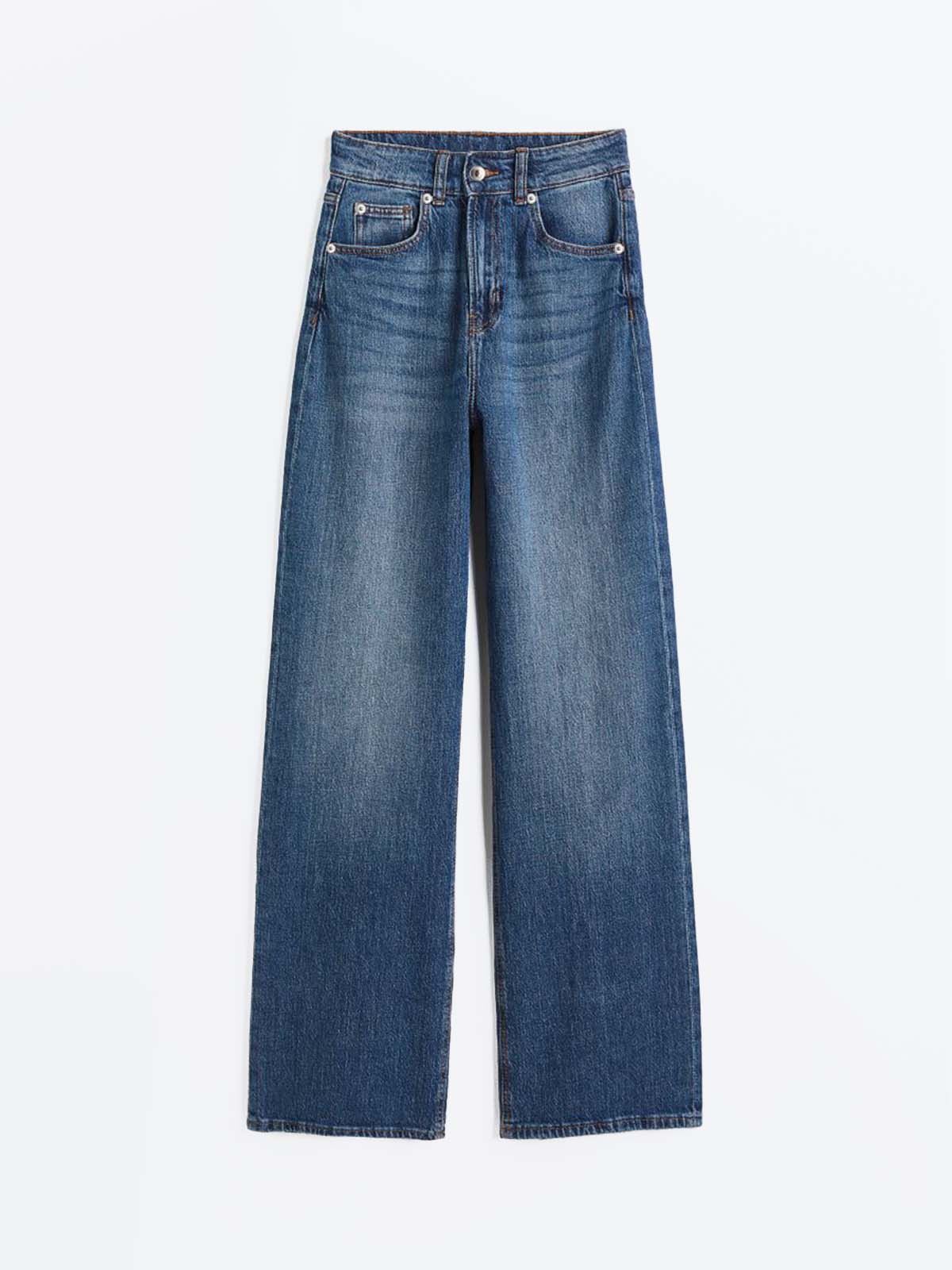 Dark Blue Whisker High Waist Wide Leg Jeans