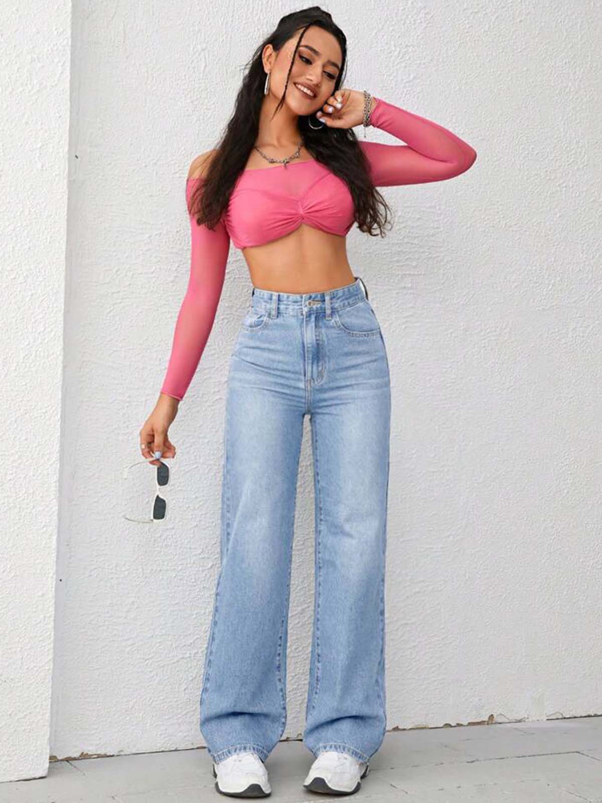 Ice Blue Whisker High Waist straight Fit Jeans