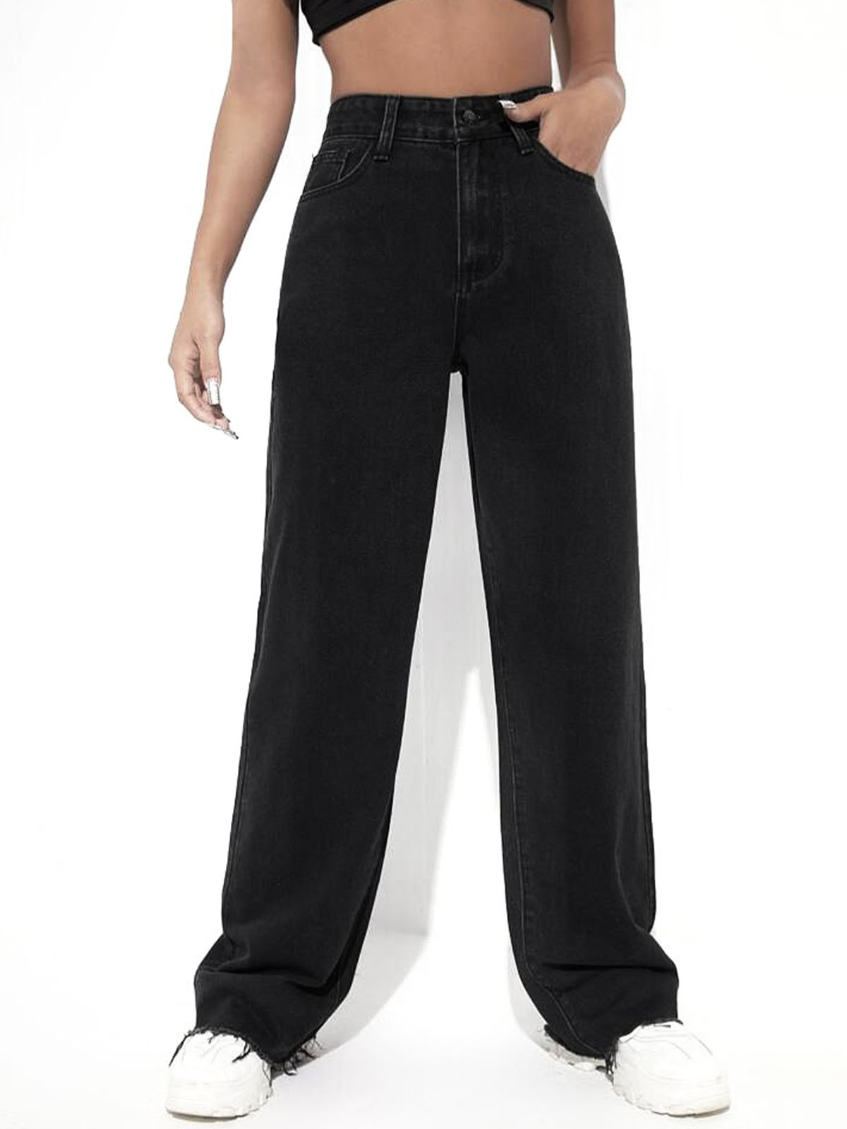 Black Raw Hem High Waist Wide Leg Jeans