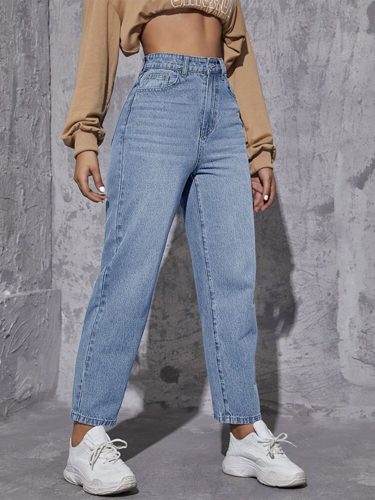 Ice Blue Whisker High Waist Mom Fit Jeans