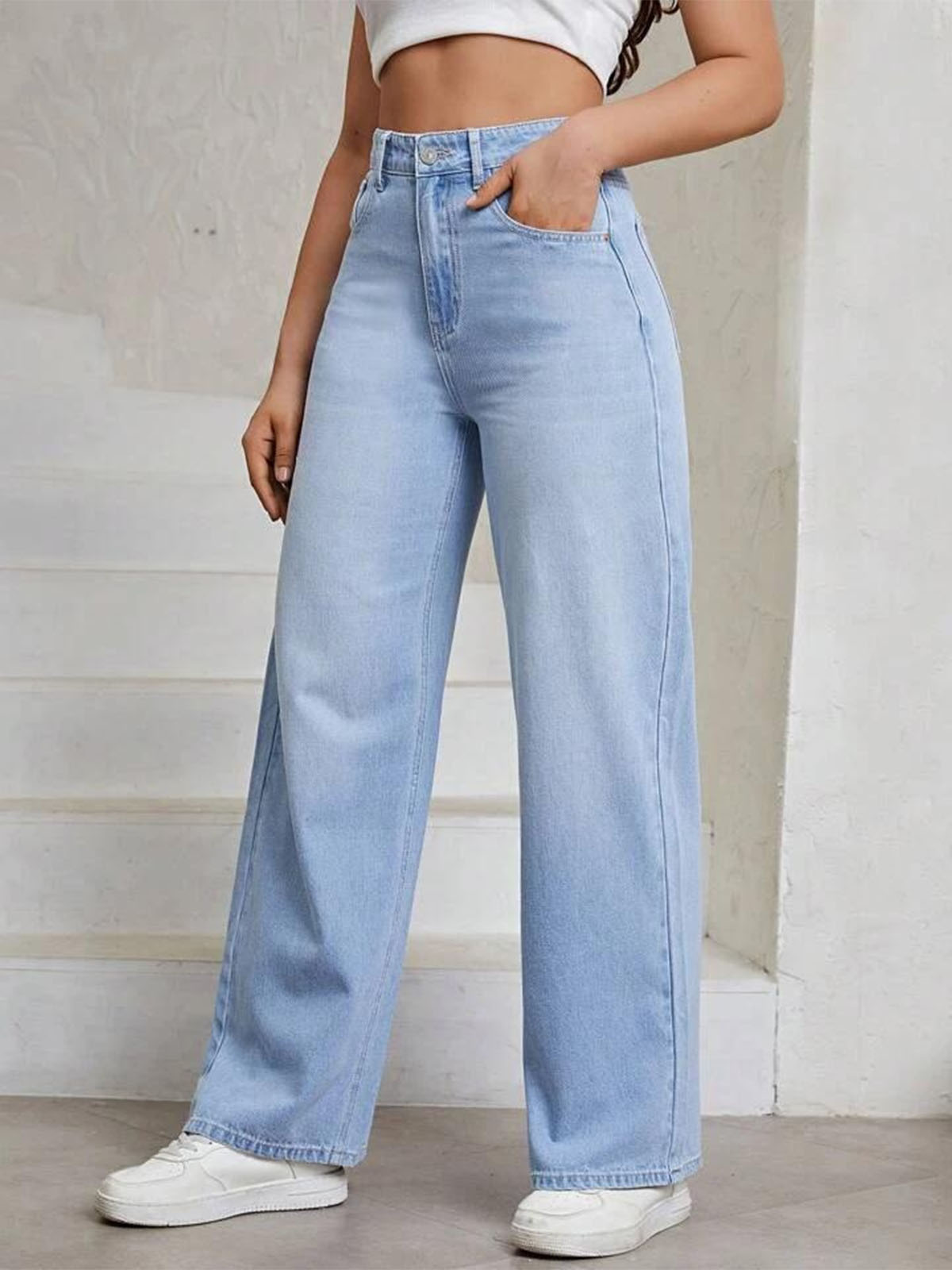 Ice Blue Whisker High Waist Wide Leg Jeans