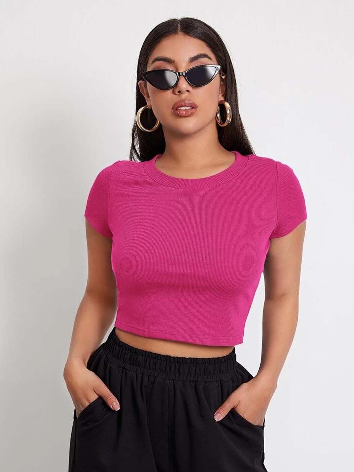 Hot Pink Round Neck Half Sleeve Basic Top