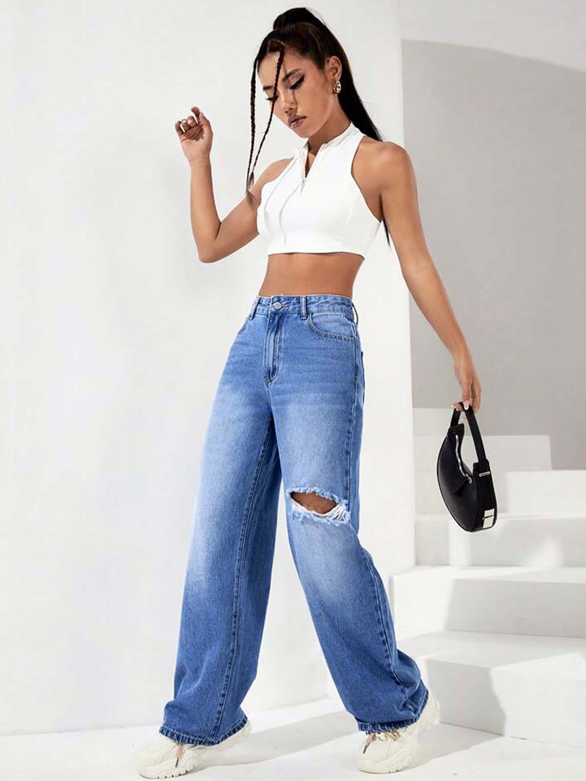 Stone Blue Whisker Knee Ripped High Waist Wide Leg Jeans