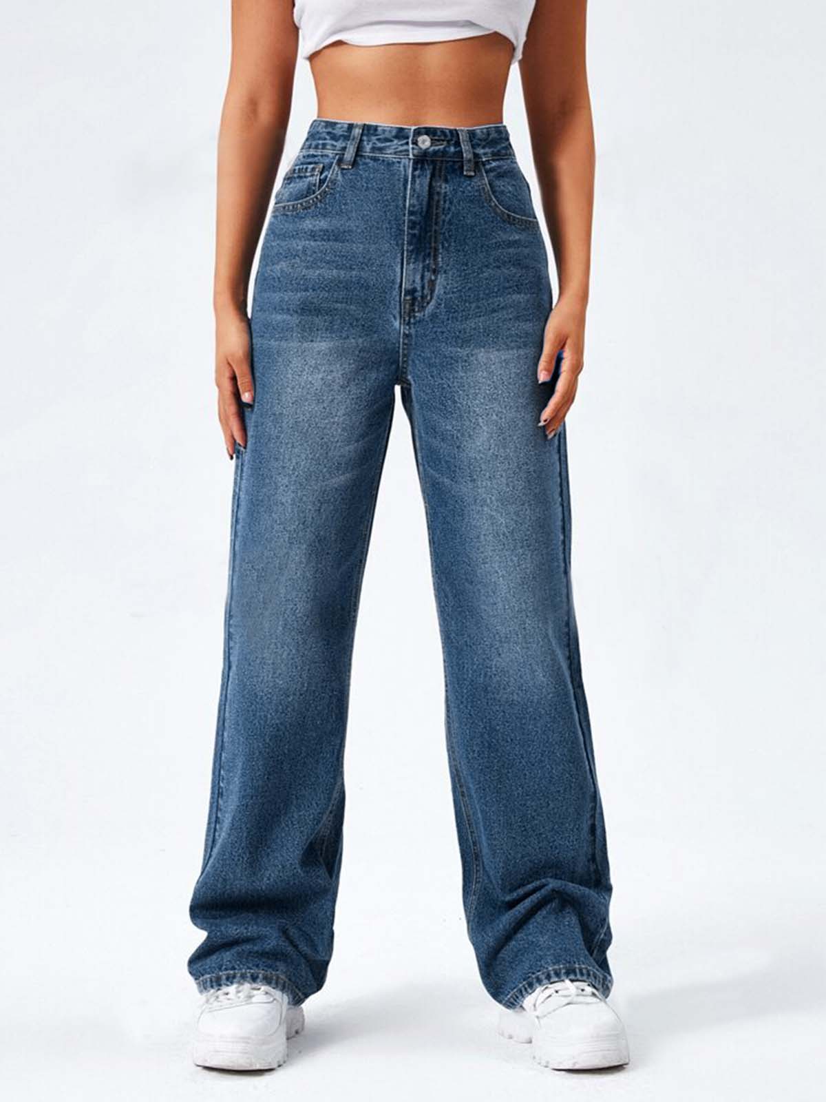 Dark Blue Whisker High Waist Wide Leg Jeans