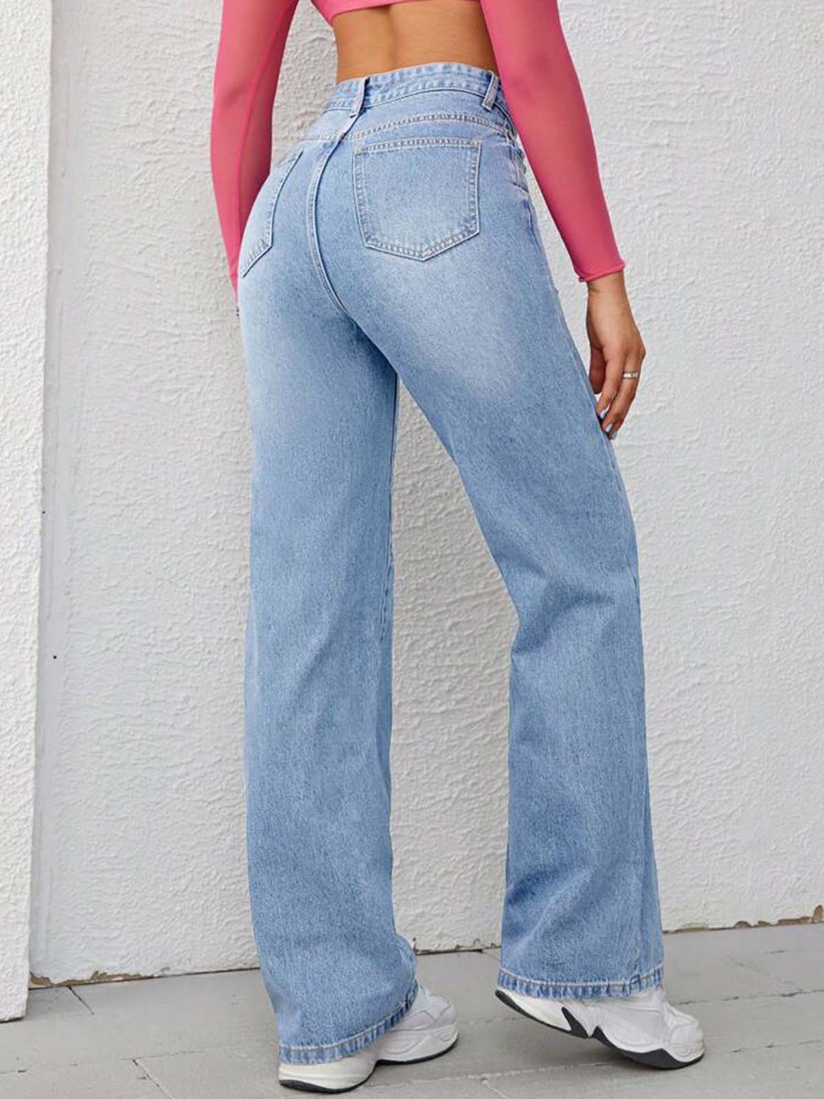 Ice Blue Whisker High Waist straight Fit Jeans